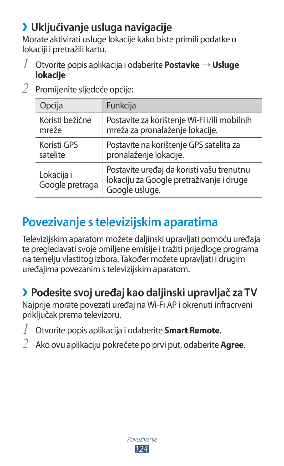 Samsung GT-N8010EAASMO manual Povezivanje s televizijskim aparatima, ››Uključivanje usluga navigacije, Google usluge 