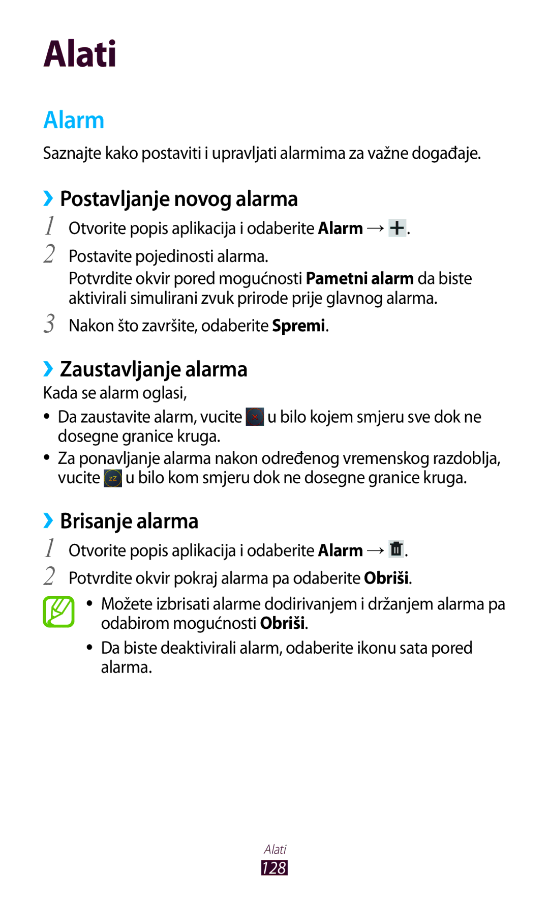 Samsung GT-N8010ZWASMO, GT-N8010ZWATRA manual Alarm, ››Postavljanje novog alarma, ››Zaustavljanje alarma, ››Brisanje alarma 