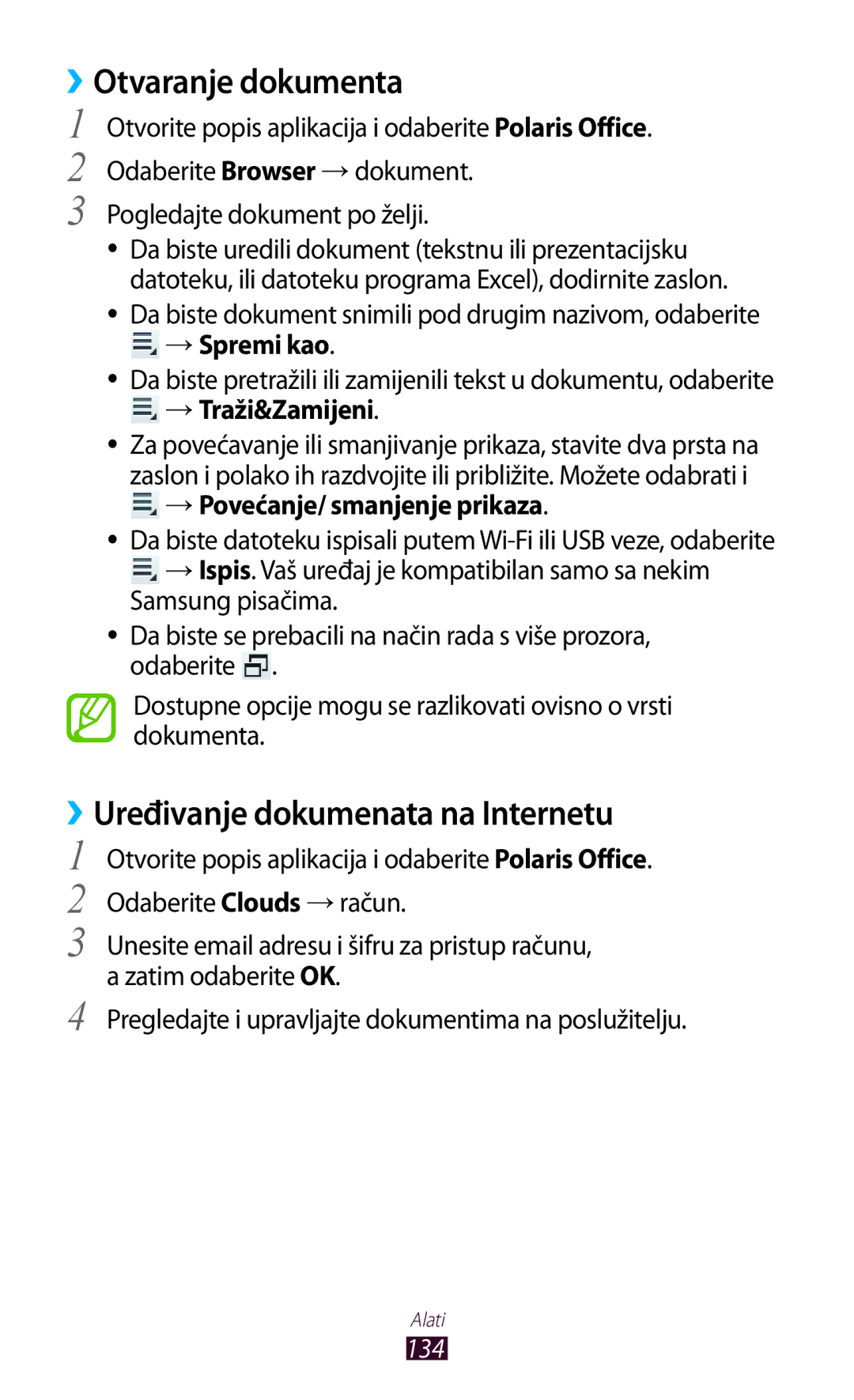 Samsung GT-N8010EAASMO manual ››Otvaranje dokumenta, ››Uređivanje dokumenata na Internetu, →Spremi kao, →Traži&Zamijeni 