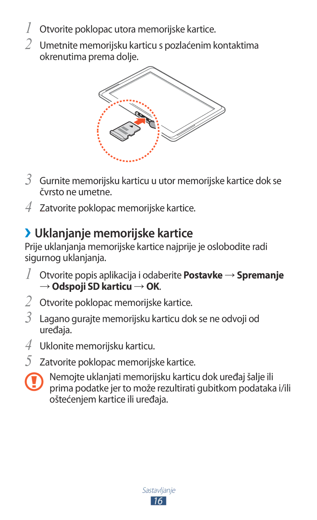 Samsung GT-N8010GRATRA, GT-N8010ZWATRA, GT-N8010EAATRA manual ››Uklanjanje memorijske kartice, → Odspoji SD karticu →OK 