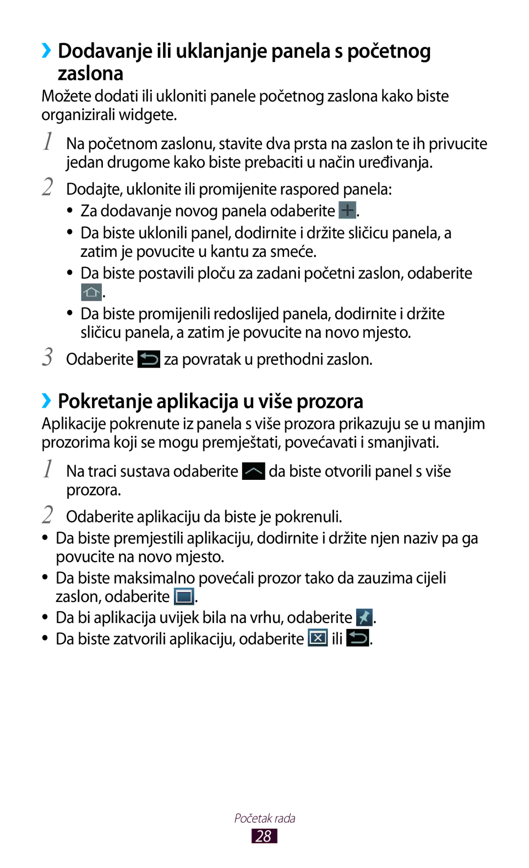 Samsung GT-N8010ZWASMO manual ››Dodavanje ili uklanjanje panela s početnog zaslona, ››Pokretanje aplikacija u više prozora 