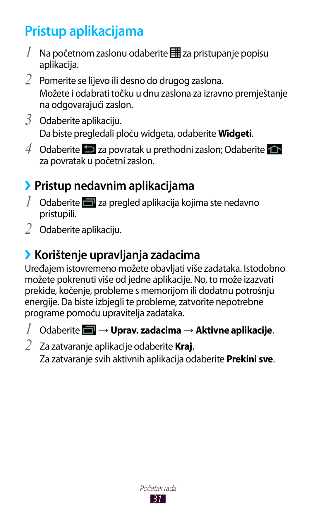 Samsung GT-N8010GRATRA manual Pristup aplikacijama, ››Pristup nedavnim aplikacijama, ››Korištenje upravljanja zadacima 