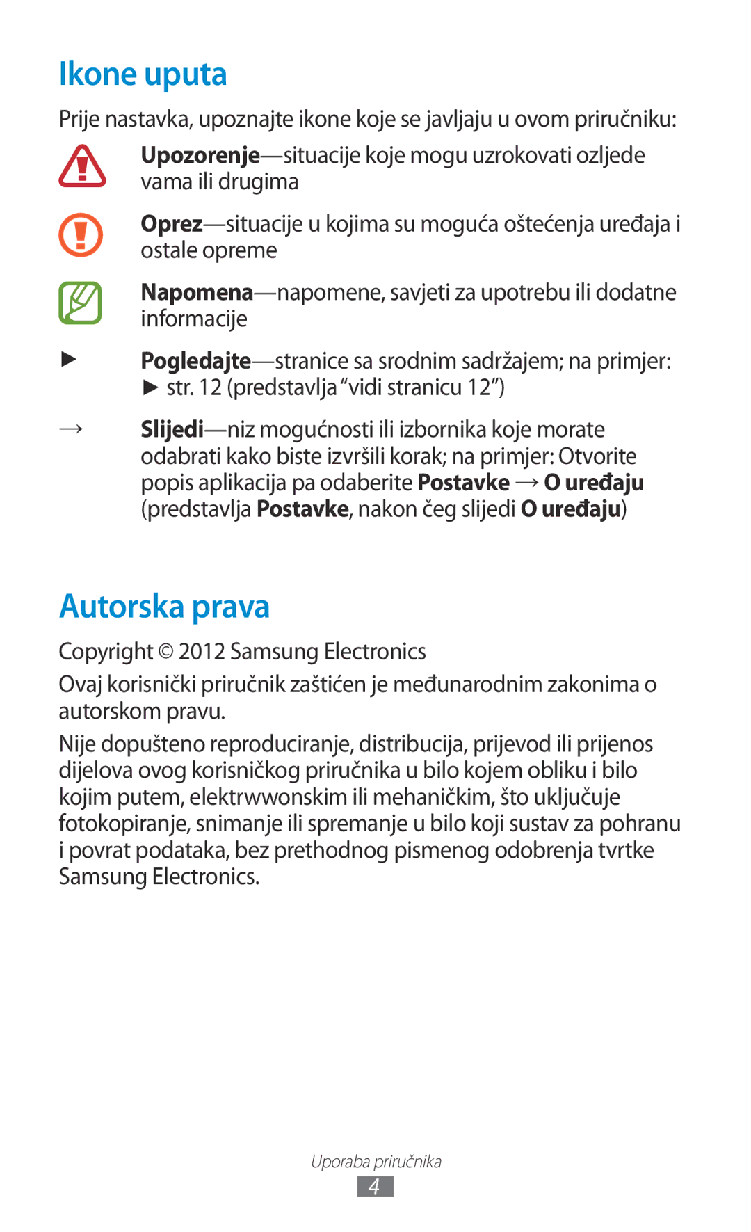 Samsung GT-N8010EAASMO, GT-N8010ZWATRA, GT-N8010GRATRA, GT-N8010EAATRA, GT-N8010ZWASMO manual Ikone uputa, Autorska prava 