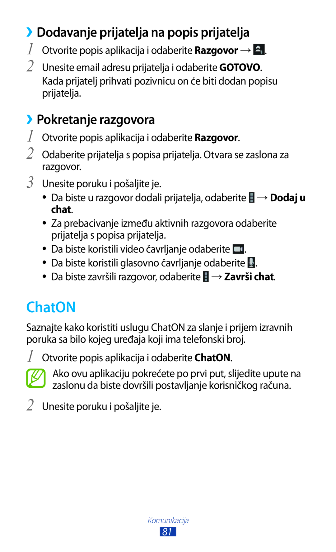 Samsung GT-N8010GRATRA, GT-N8010ZWATRA manual ChatON, ››Dodavanje prijatelja na popis prijatelja, ››Pokretanje razgovora 