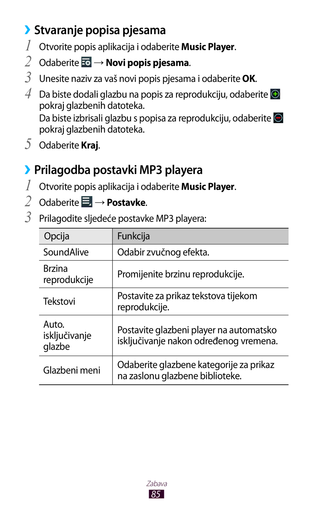 Samsung GT-N8010ZWATRA manual Stvaranje popisa pjesama, ››Prilagodba postavki MP3 playera, Odaberite →Novi popis pjesama 