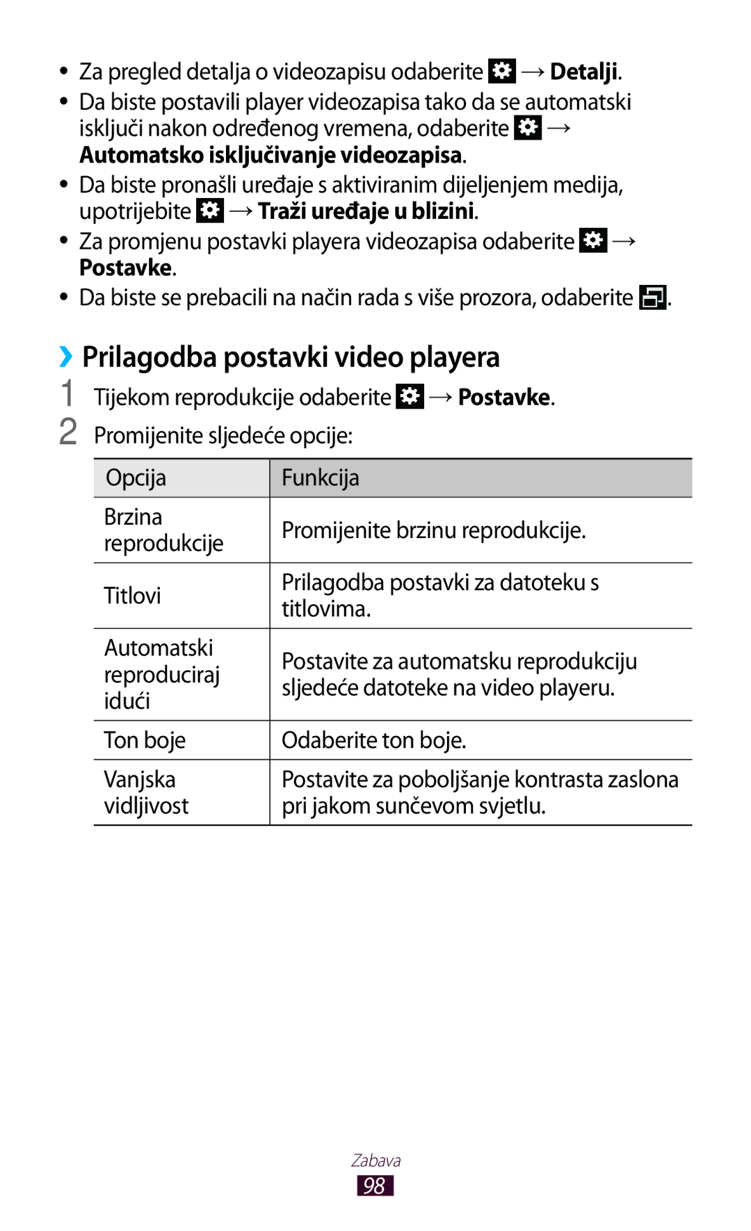 Samsung GT-N8010ZWASMO, GT-N8010ZWATRA manual ››Prilagodba postavki video playera, Vidljivost Pri jakom sunčevom svjetlu 