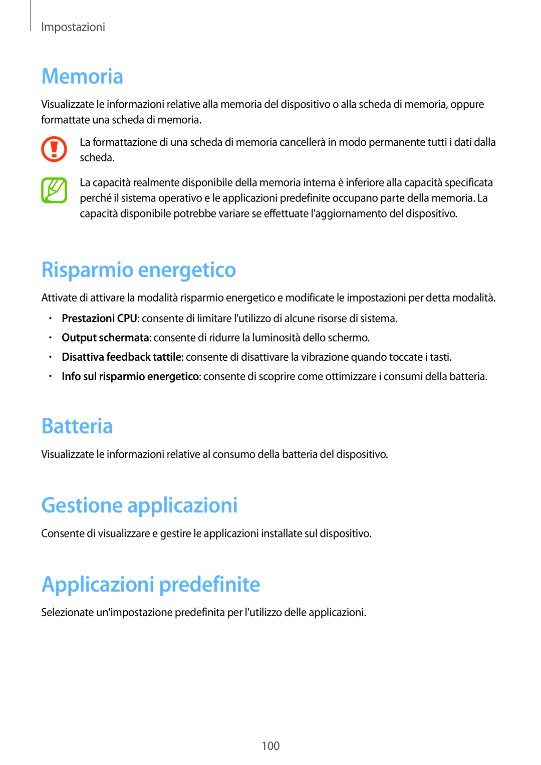 Samsung GT-N8010ZWXITV manual Memoria, Risparmio energetico, Batteria, Gestione applicazioni, Applicazioni predefinite 