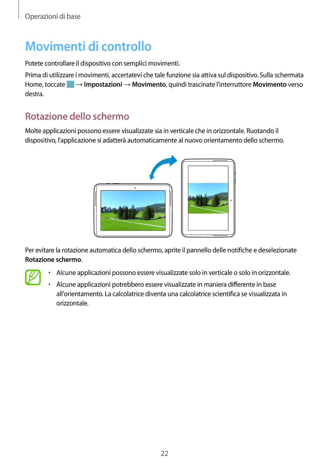 Samsung GT-N8010ZWXITV, GT-N8010ZWATUR, GT-N8010EAXITV, GT-N8010EAAITV manual Movimenti di controllo, Rotazione dello schermo 