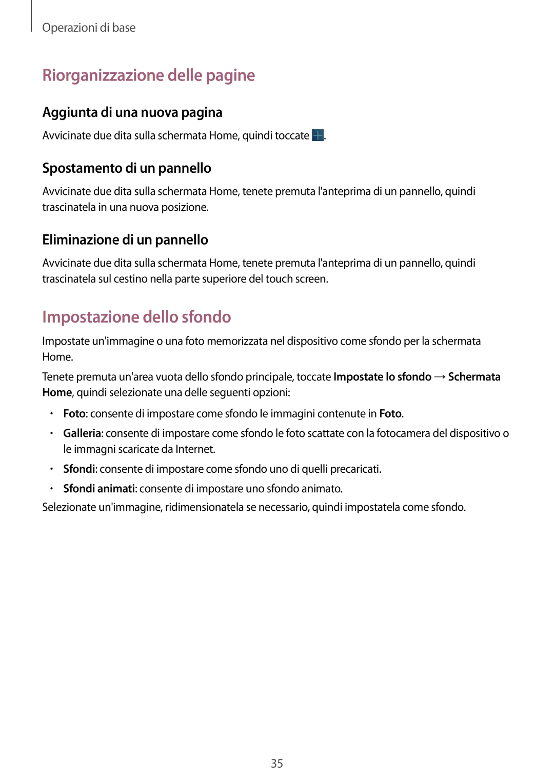 Samsung GT-N8010ZWAXEO manual Riorganizzazione delle pagine, Impostazione dello sfondo, Aggiunta di una nuova pagina 