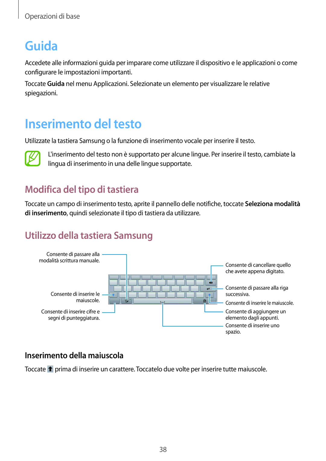 Samsung GT-N8010EAAITV manual Guida, Inserimento del testo, Modifica del tipo di tastiera, Inserimento della maiuscola 