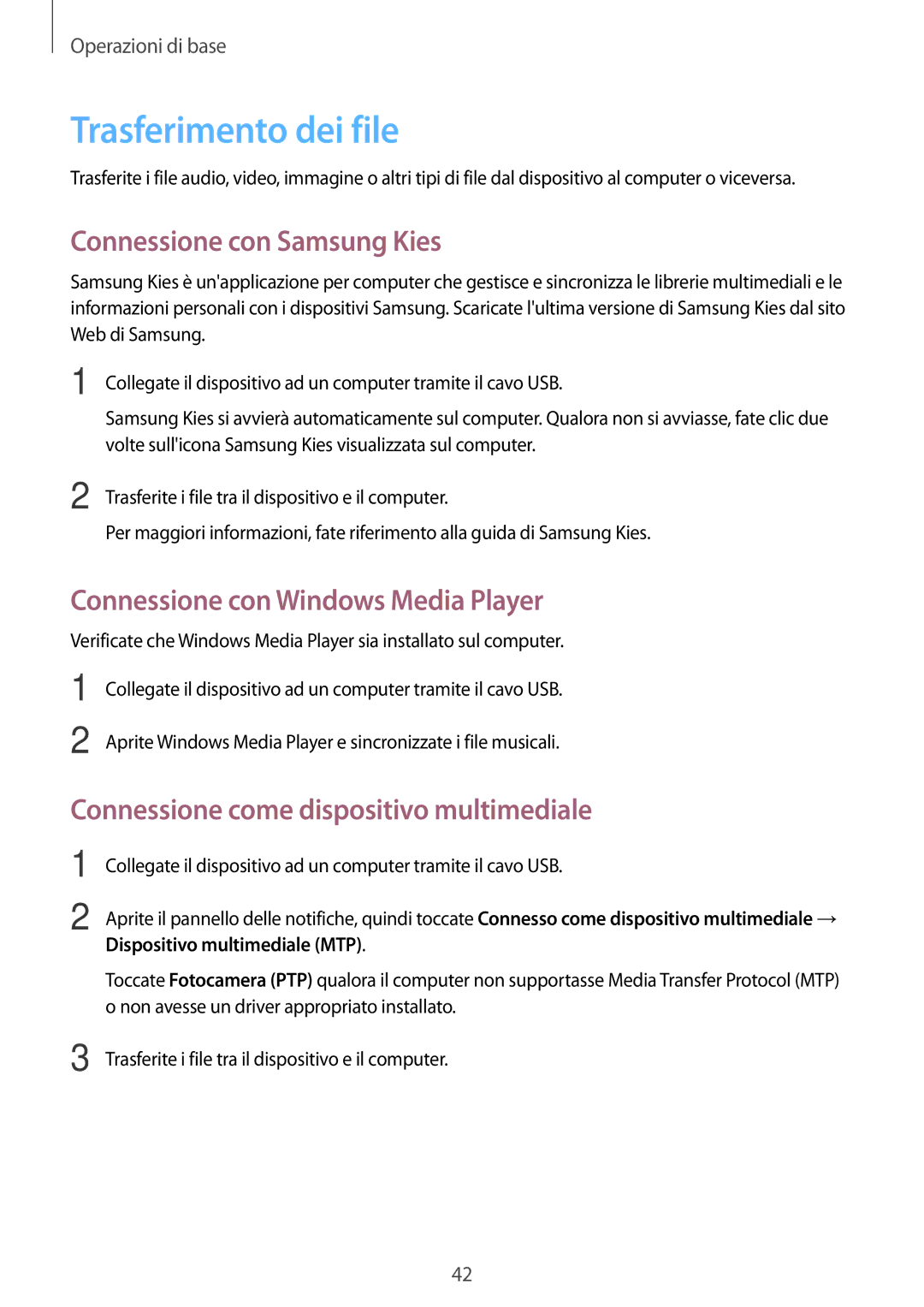 Samsung GT-N8010ZWATUR manual Trasferimento dei file, Connessione con Samsung Kies, Connessione con Windows Media Player 
