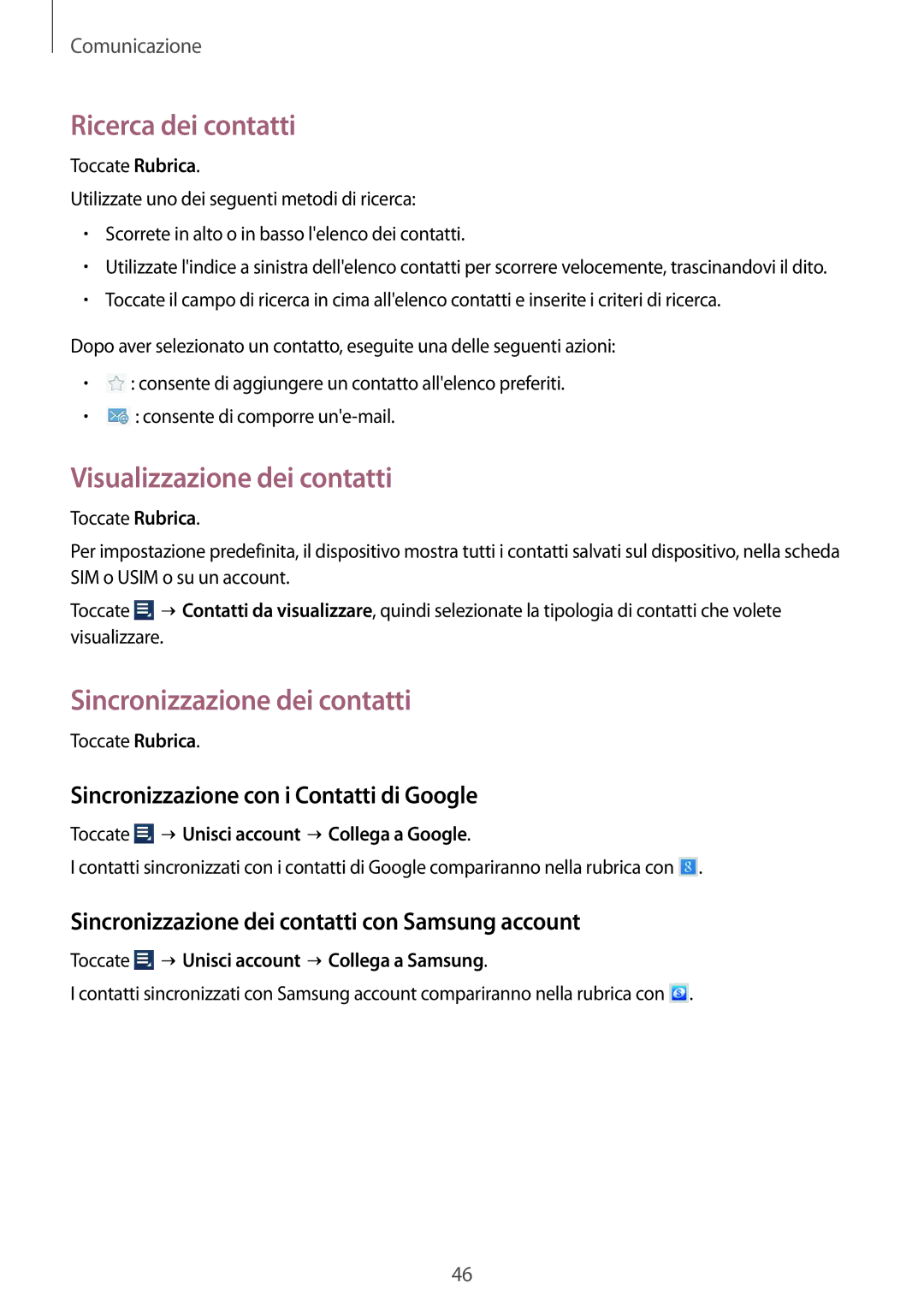 Samsung GT-N8010ZWXITV, GT-N8010ZWATUR Ricerca dei contatti, Visualizzazione dei contatti, Sincronizzazione dei contatti 