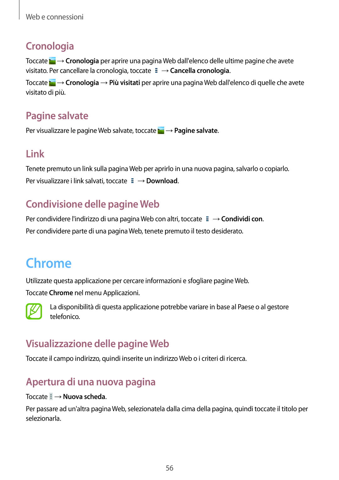 Samsung GT-N8010EAAITV, GT-N8010ZWATUR manual Chrome, Cronologia, Pagine salvate, Link, Condivisione delle pagine Web 