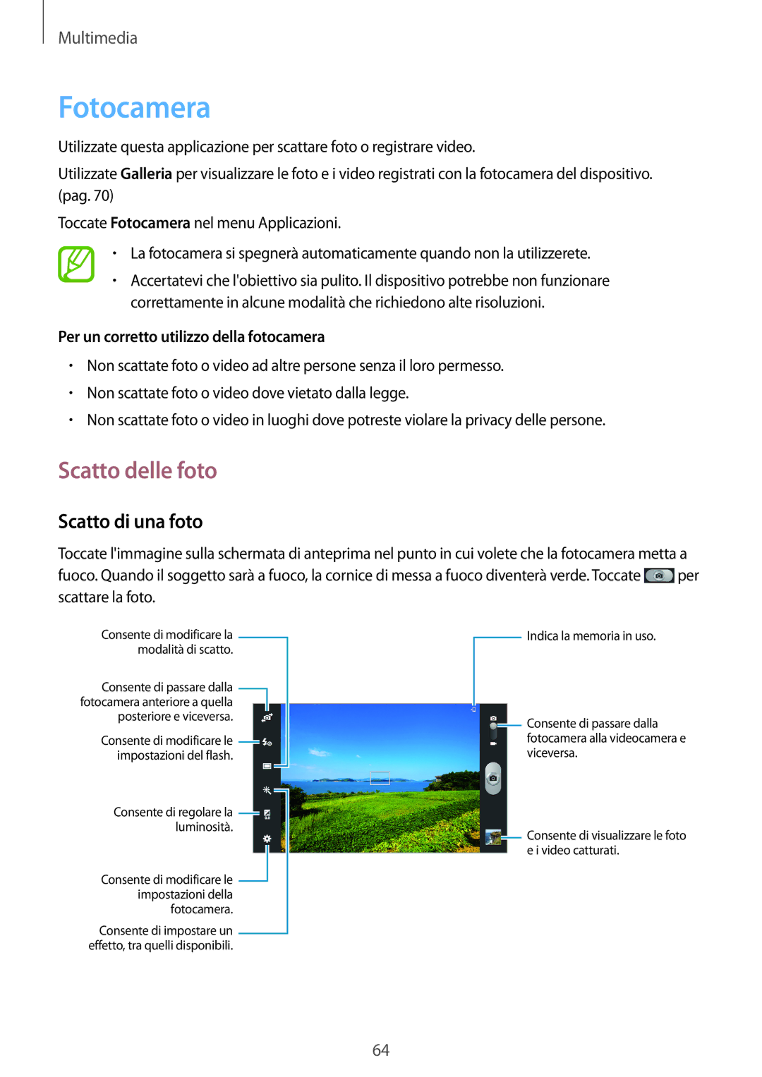 Samsung GT-N8010ZWXITV manual Fotocamera, Scatto delle foto, Scatto di una foto, Per un corretto utilizzo della fotocamera 