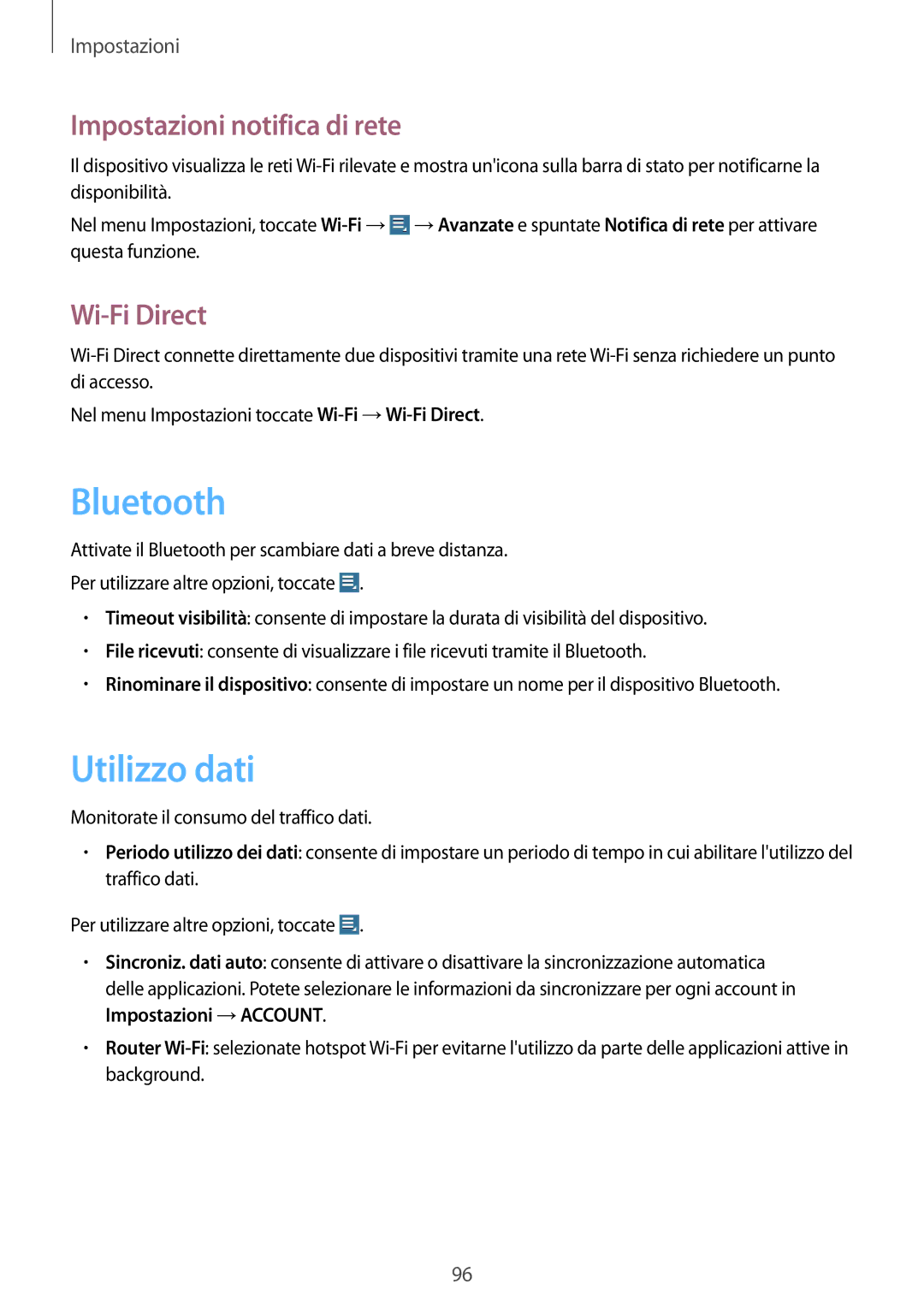 Samsung GT-N8010ZWATUR, GT-N8010EAXITV, GT-N8010EAAITV manual Utilizzo dati, Impostazioni notifica di rete, Wi-Fi Direct 