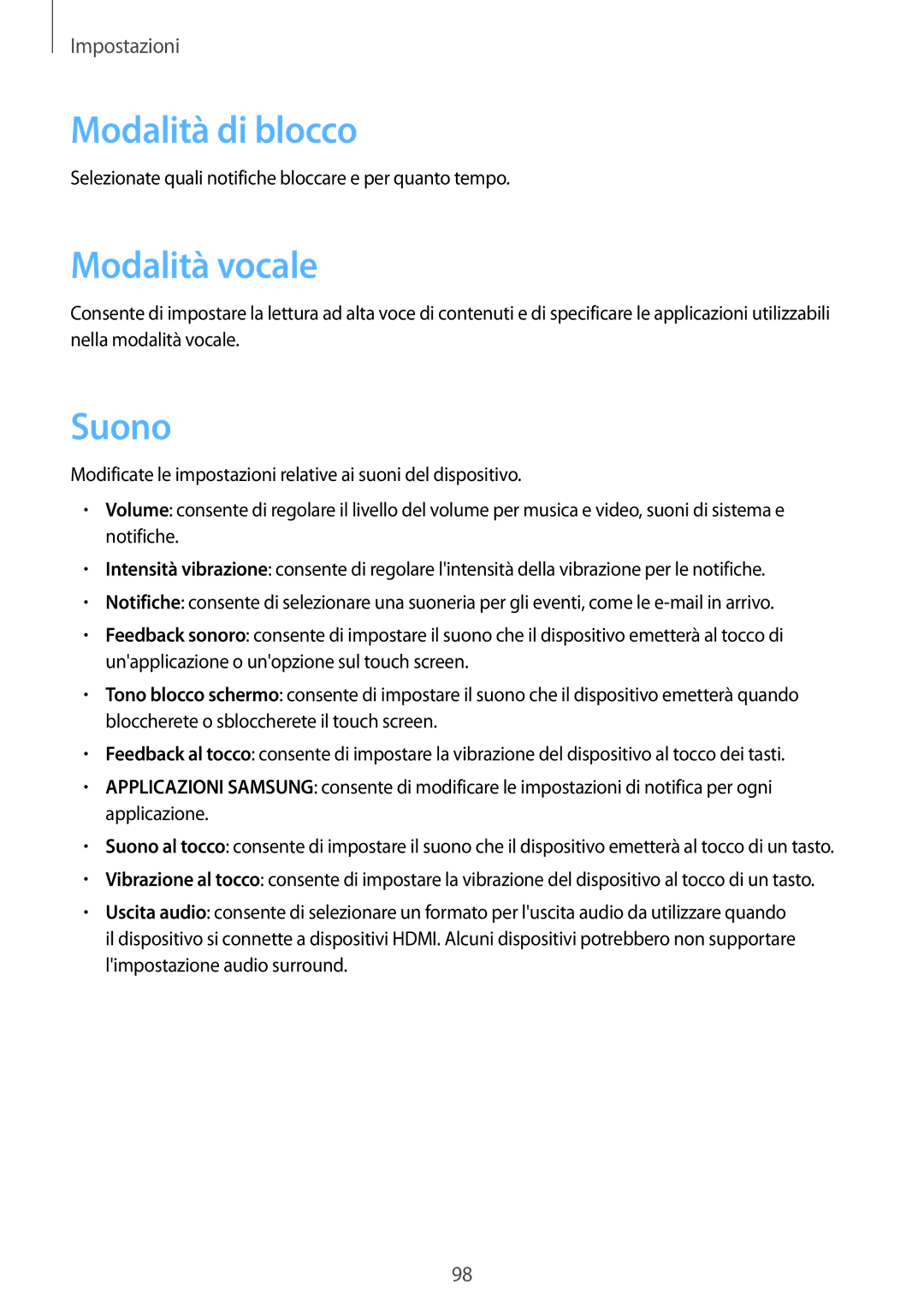 Samsung GT-N8010EAAITV, GT-N8010ZWATUR, GT-N8010EAXITV, GT-N8010ZWAITV manual Modalità di blocco, Modalità vocale, Suono 