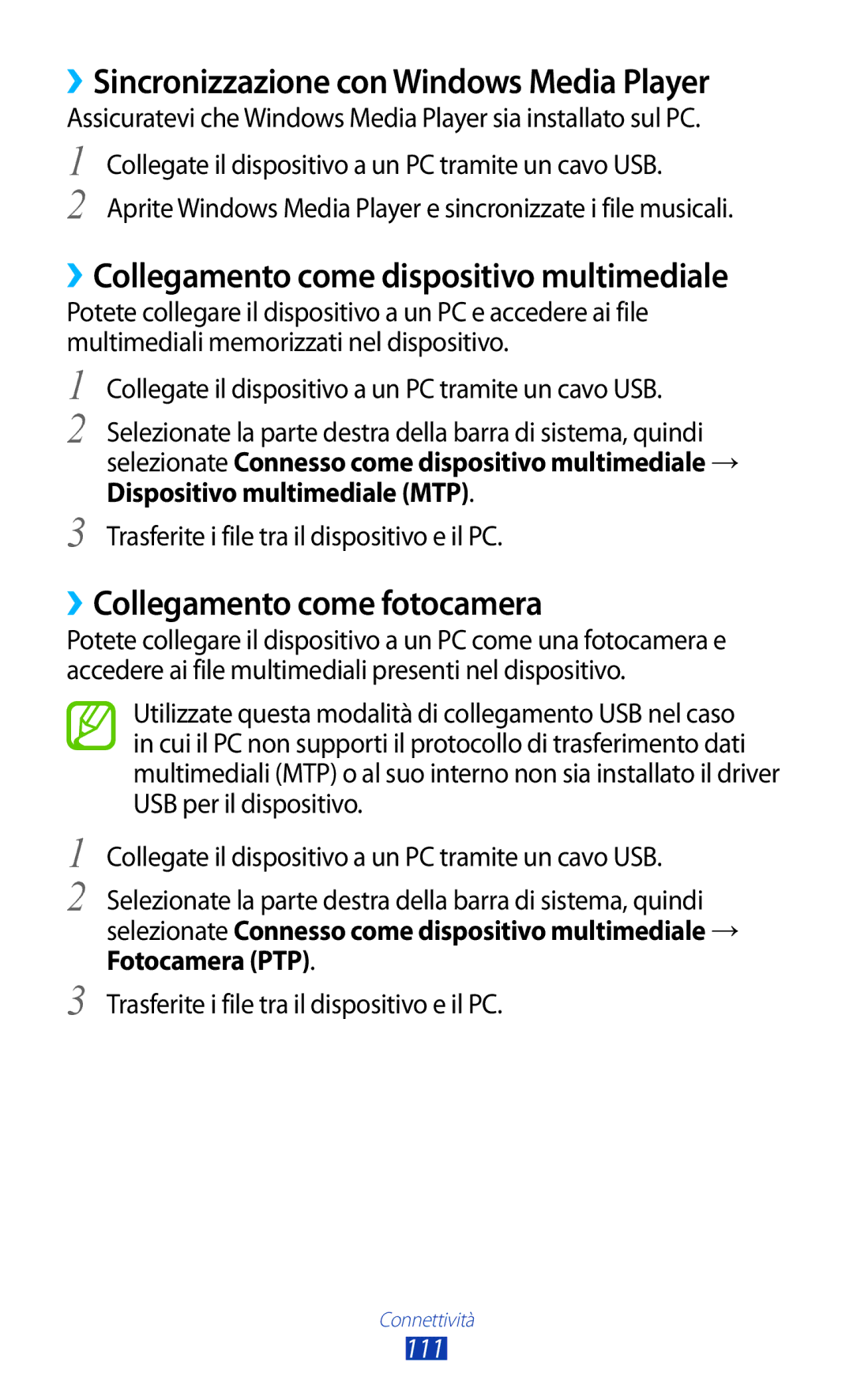 Samsung GT-N8010ZWAITV manual ››Sincronizzazione con Windows Media Player, ››Collegamento come dispositivo multimediale 