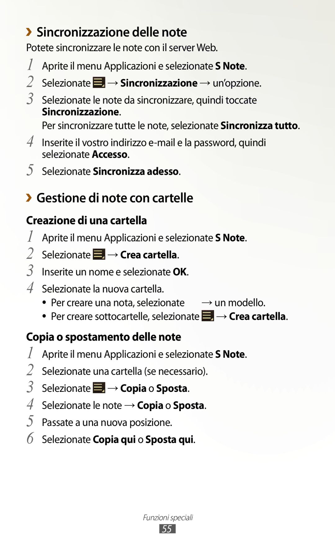 Samsung GT-N8010EAXITV manual ››Sincronizzazione delle note, ››Gestione di note con cartelle, Creazione di una cartella 