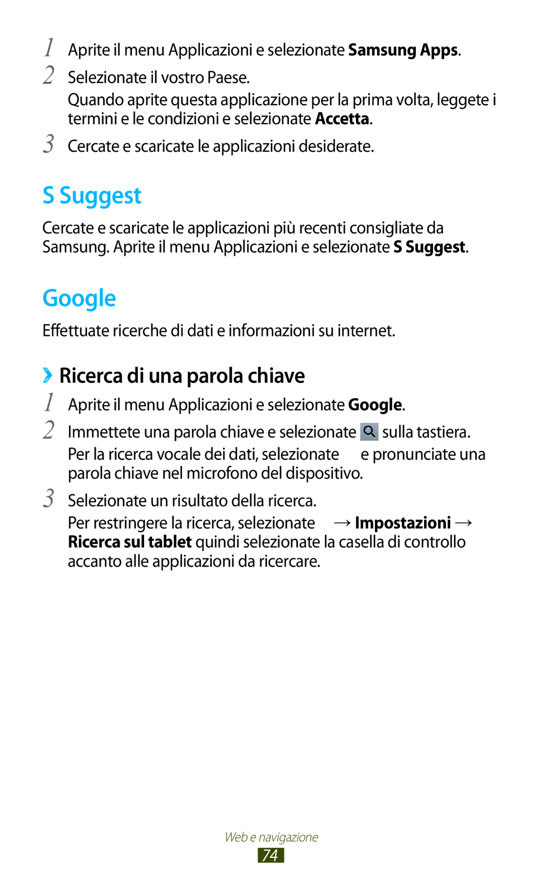 Samsung GT-N8010EAAITV, GT-N8010ZWATUR, GT-N8010EAXITV, GT-N8010ZWAITV manual Suggest, Google, ››Ricerca di una parola chiave 