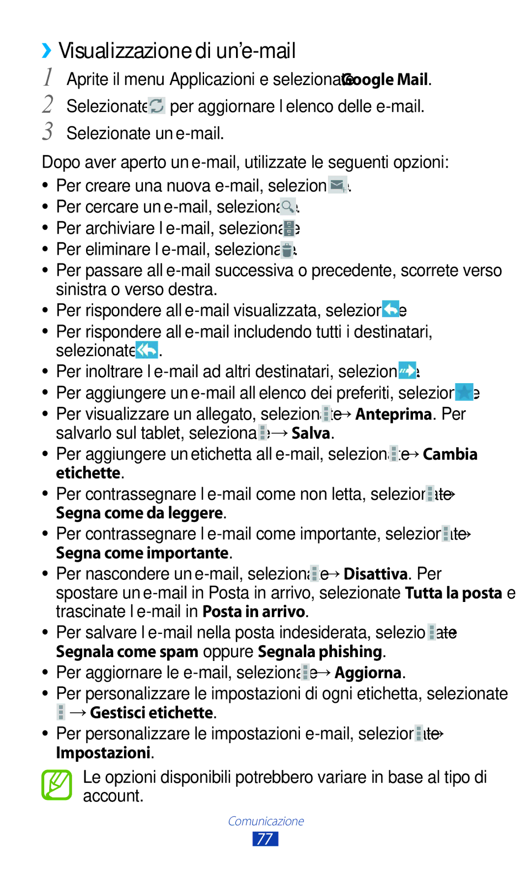 Samsung GT-N8010ZWAXEO, GT-N8010ZWATUR ››Visualizzazione di un’e-mail, Per aggiornare le e-mail, selezionate → Aggiorna 