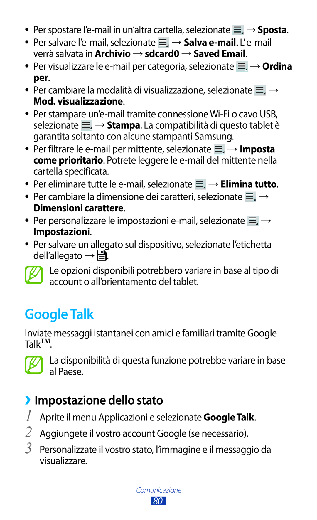 Samsung GT-N8010EAAITV, GT-N8010ZWATUR, GT-N8010EAXITV, GT-N8010ZWAITV manual Google Talk, ››Impostazione dello stato 