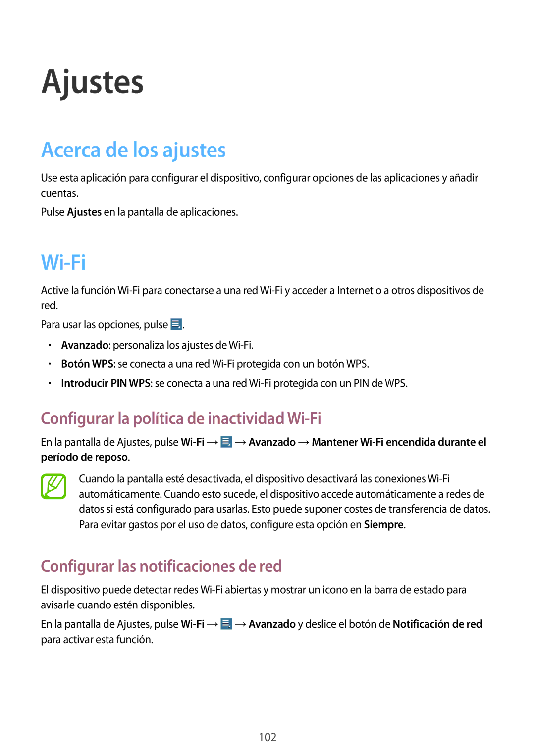 Samsung GT-N8020EAAATL manual Ajustes, Acerca de los ajustes, Configurar la política de inactividad Wi-Fi 