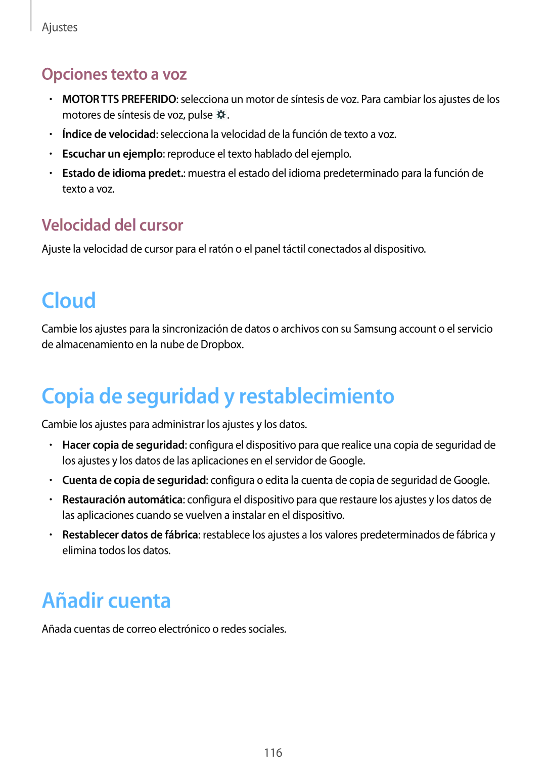 Samsung GT-N8020EAAATL Copia de seguridad y restablecimiento, Añadir cuenta, Opciones texto a voz, Velocidad del cursor 