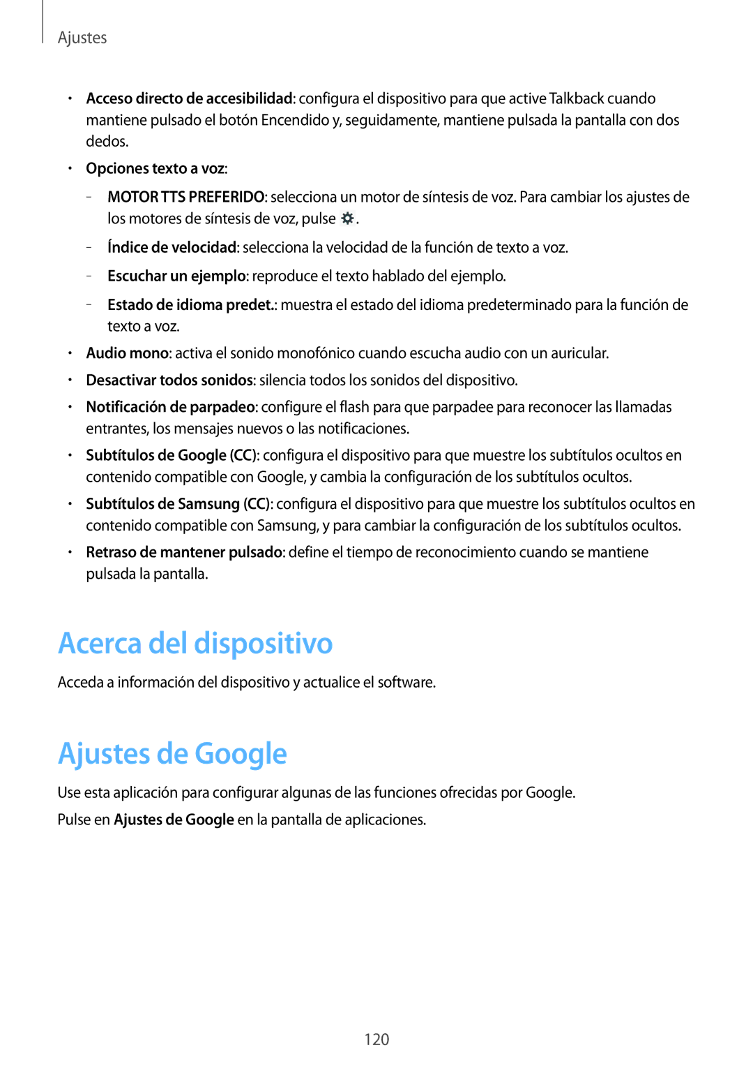 Samsung GT-N8020EAAATL manual Acerca del dispositivo, Ajustes de Google, Opciones texto a voz 