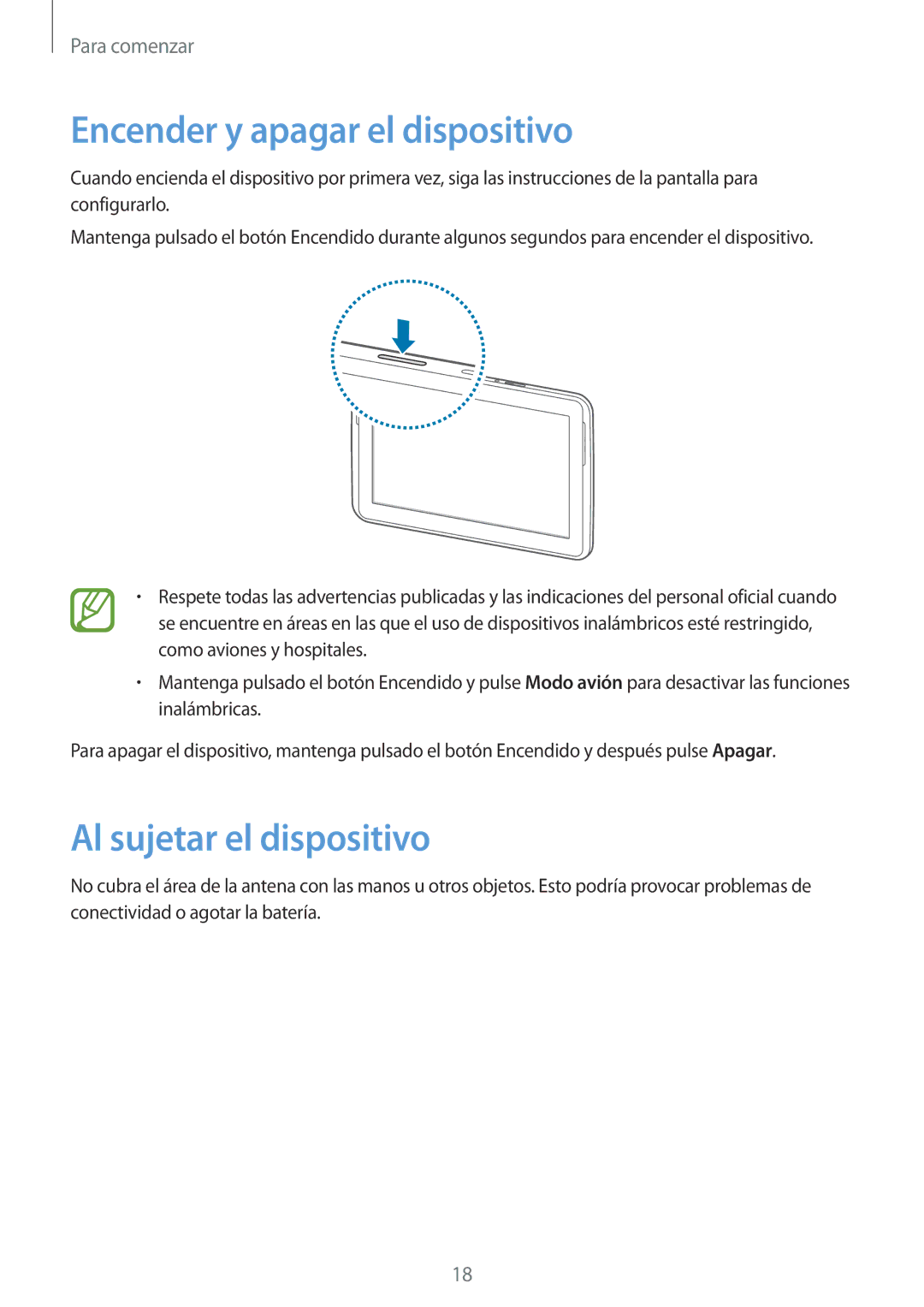 Samsung GT-N8020EAAATL manual Encender y apagar el dispositivo, Al sujetar el dispositivo 