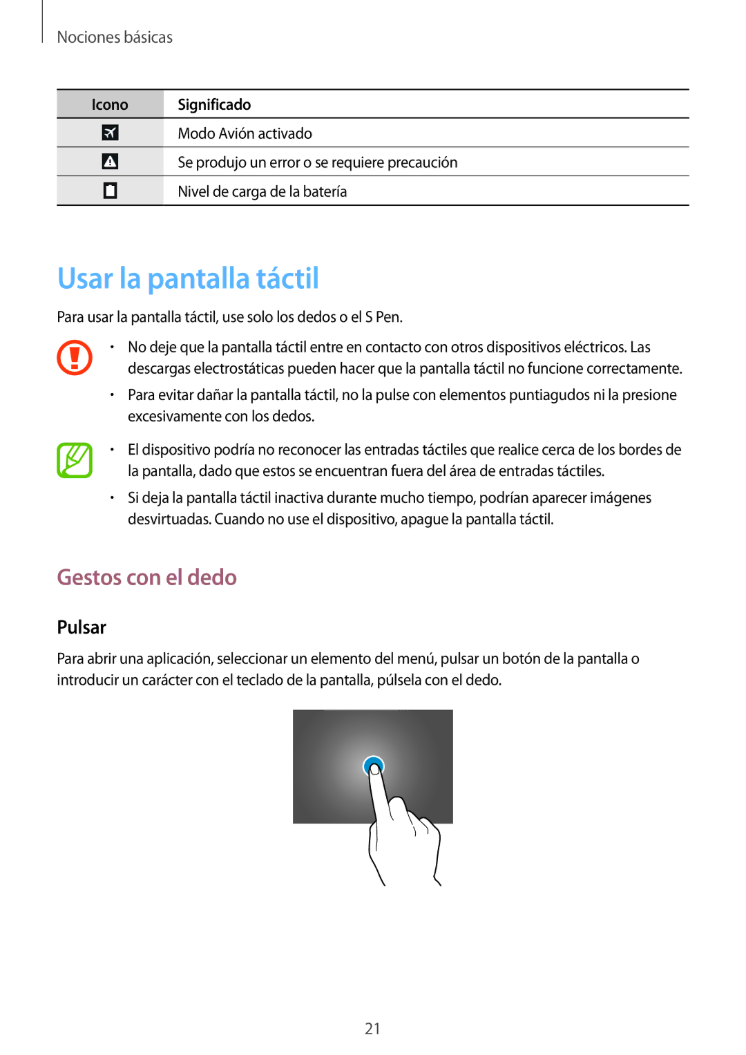 Samsung GT-N8020EAAATL manual Usar la pantalla táctil, Gestos con el dedo, Pulsar 