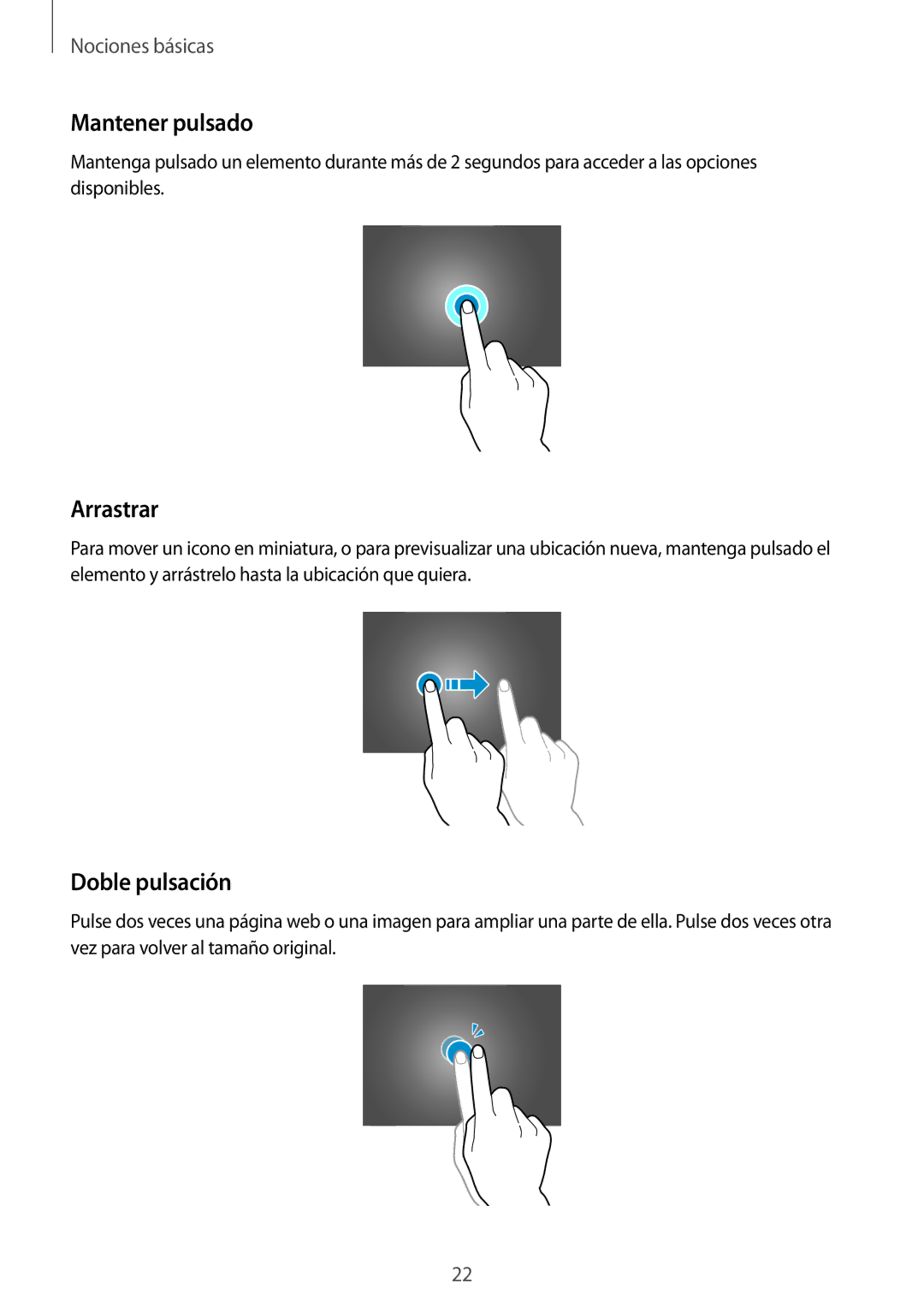 Samsung GT-N8020EAAATL manual Mantener pulsado, Arrastrar, Doble pulsación 