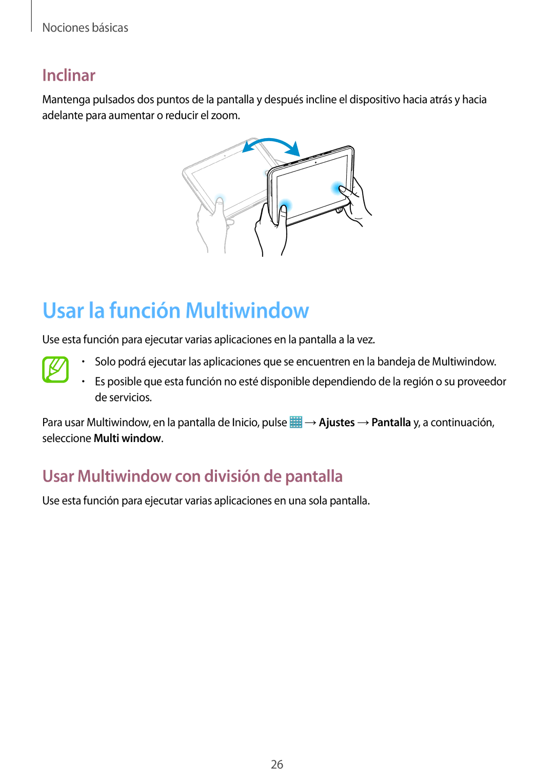 Samsung GT-N8020EAAATL manual Usar la función Multiwindow, Inclinar, Usar Multiwindow con división de pantalla 