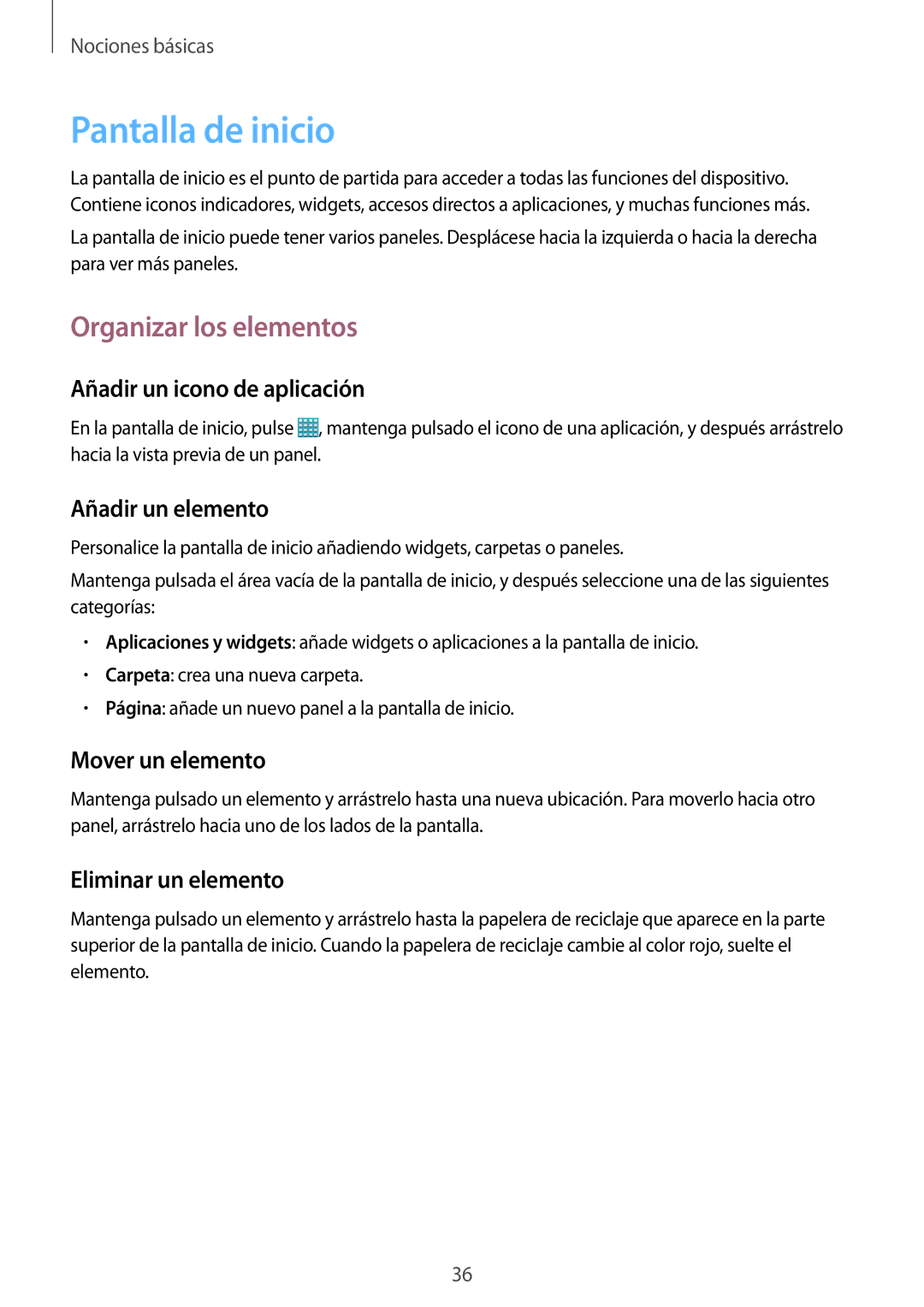 Samsung GT-N8020EAAATL manual Pantalla de inicio, Organizar los elementos 