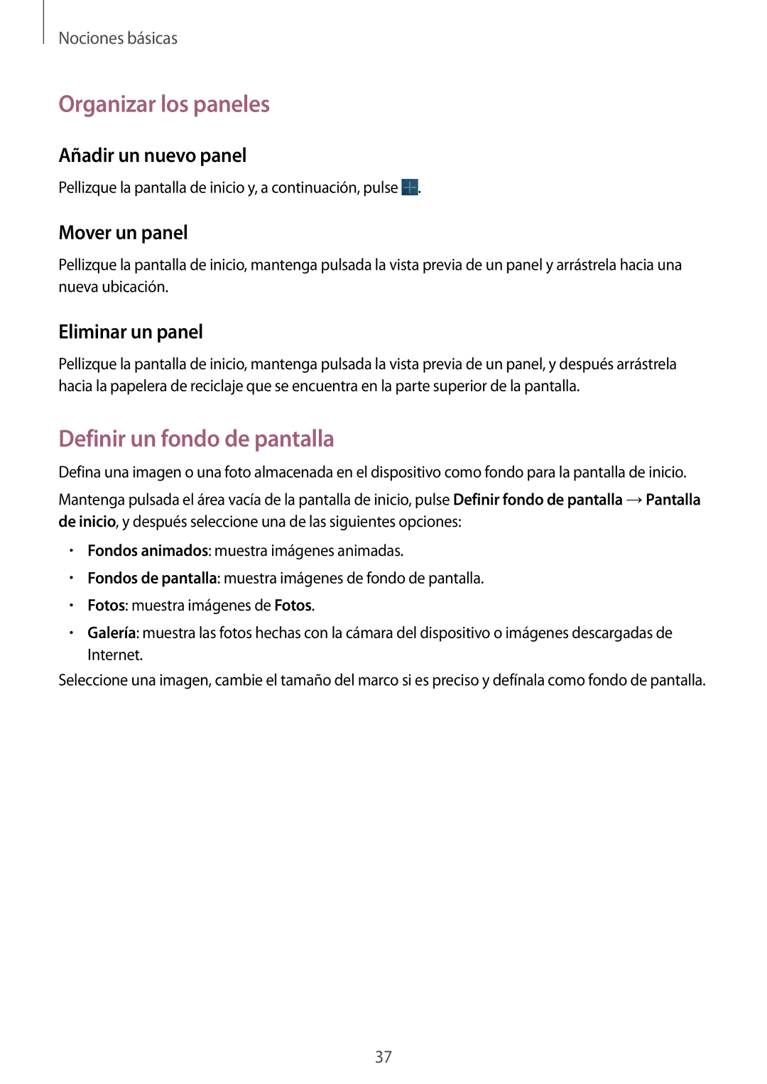 Samsung GT-N8020EAAATL manual Organizar los paneles, Definir un fondo de pantalla, Añadir un nuevo panel, Mover un panel 