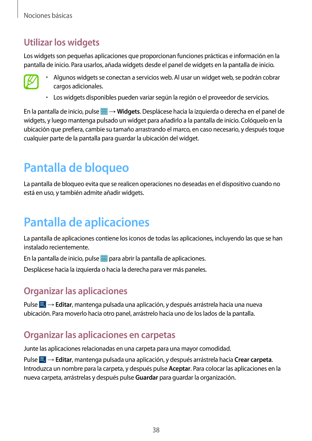Samsung GT-N8020EAAATL Pantalla de bloqueo, Pantalla de aplicaciones, Utilizar los widgets, Organizar las aplicaciones 