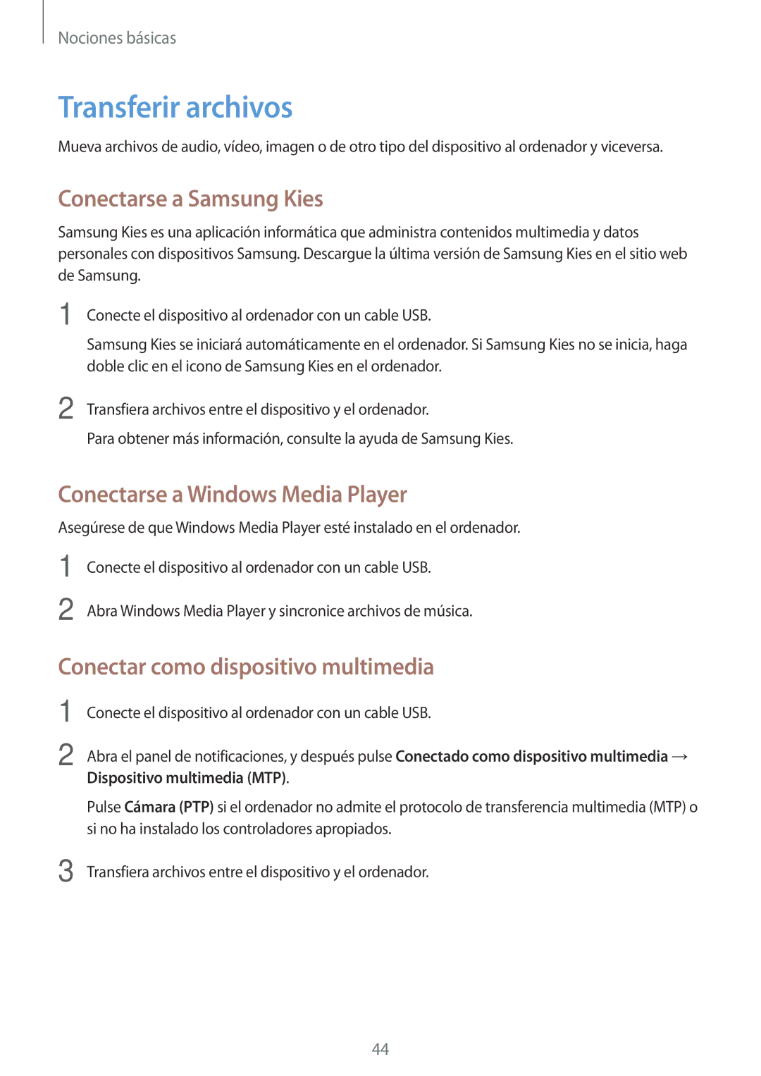 Samsung GT-N8020EAAATL manual Transferir archivos, Conectarse a Samsung Kies, Conectarse a Windows Media Player 