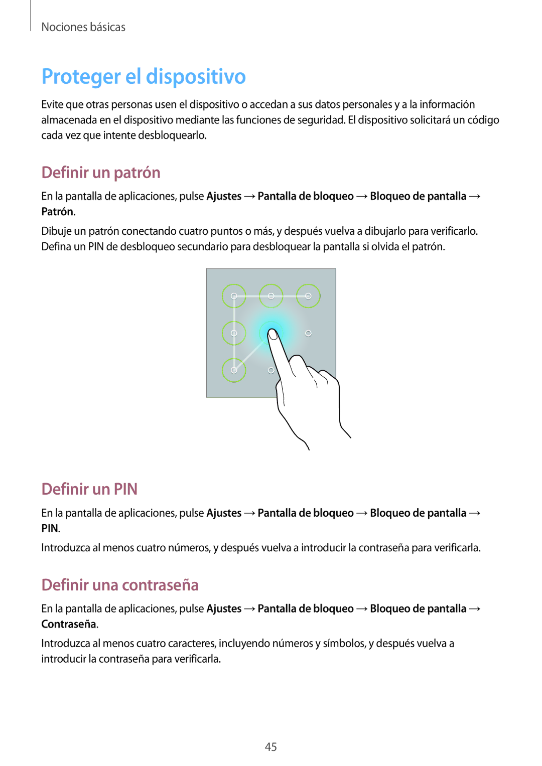 Samsung GT-N8020EAAATL manual Proteger el dispositivo, Definir un patrón, Definir un PIN, Definir una contraseña 