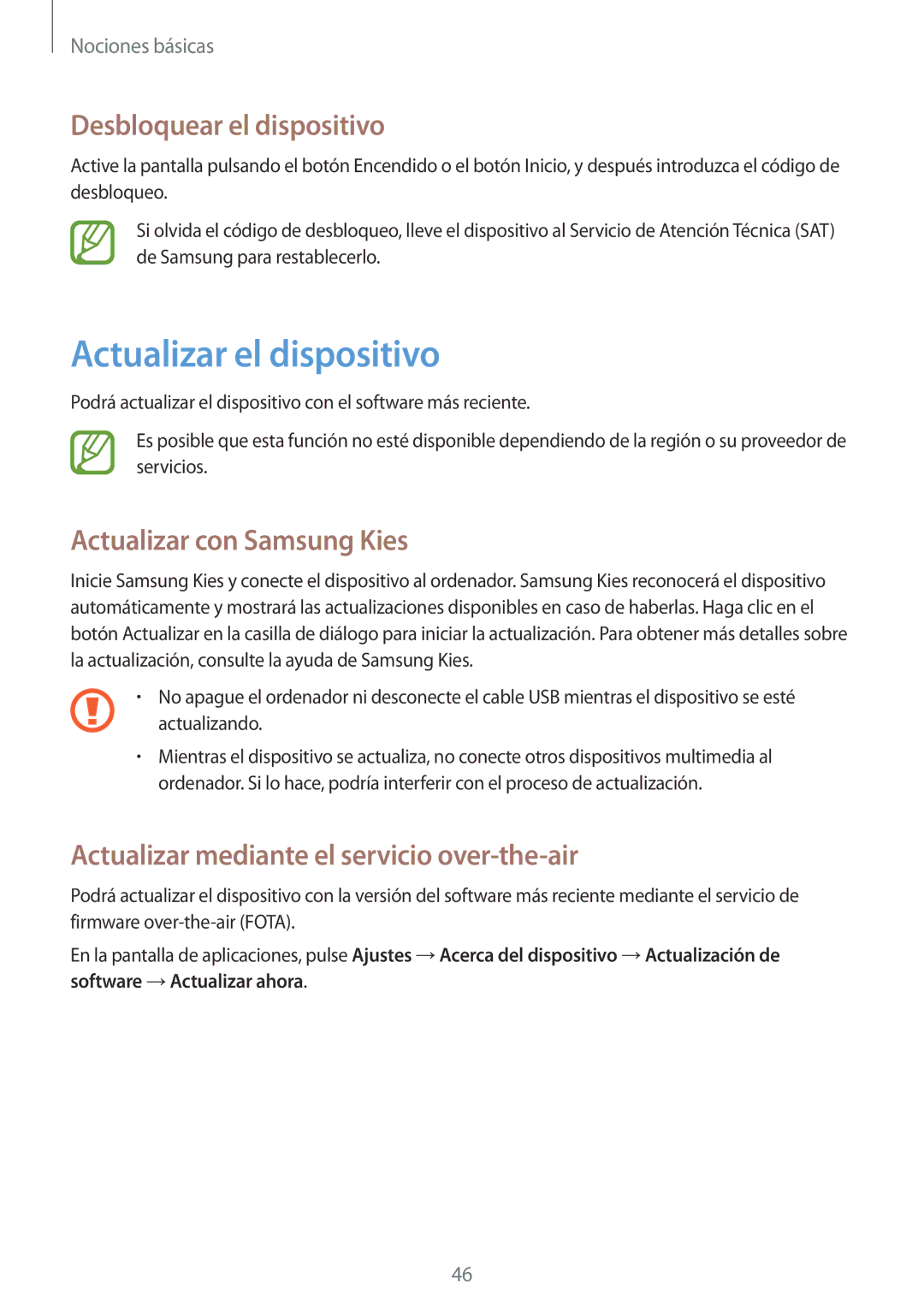 Samsung GT-N8020EAAATL manual Actualizar el dispositivo, Desbloquear el dispositivo, Actualizar con Samsung Kies 