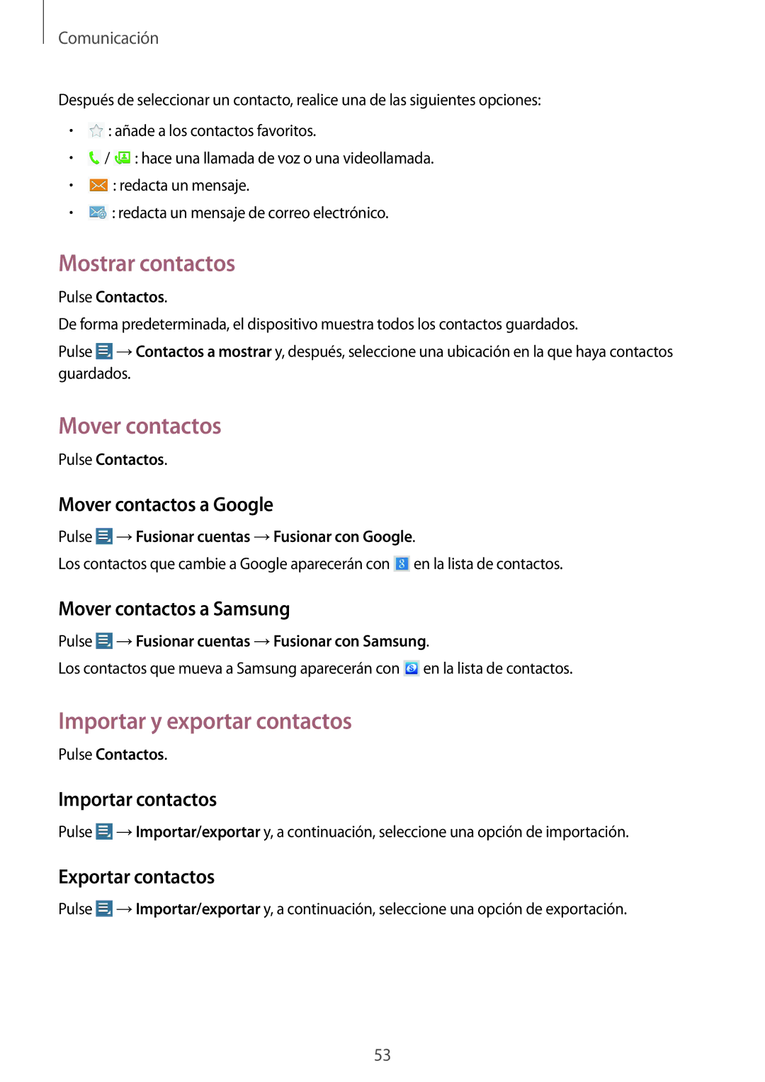 Samsung GT-N8020EAAATL manual Mostrar contactos, Mover contactos, Importar y exportar contactos 