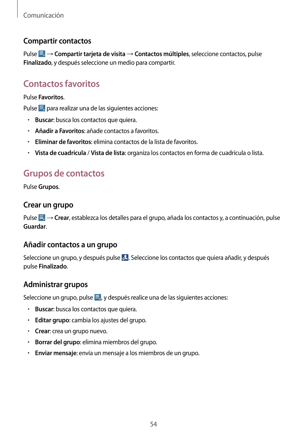 Samsung GT-N8020EAAATL manual Contactos favoritos, Grupos de contactos 