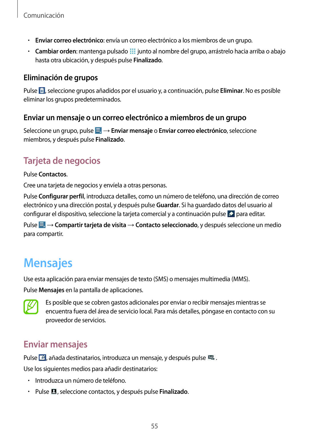 Samsung GT-N8020EAAATL manual Mensajes, Tarjeta de negocios, Enviar mensajes, Eliminación de grupos 