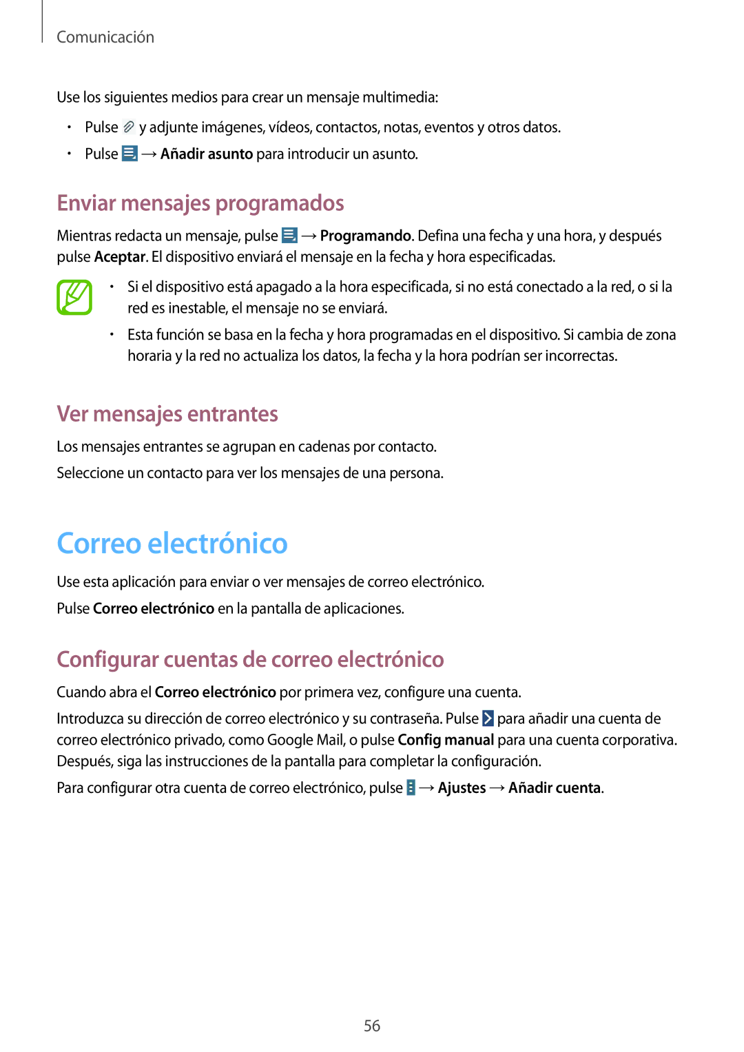 Samsung GT-N8020EAAATL manual Correo electrónico, Enviar mensajes programados, Ver mensajes entrantes 