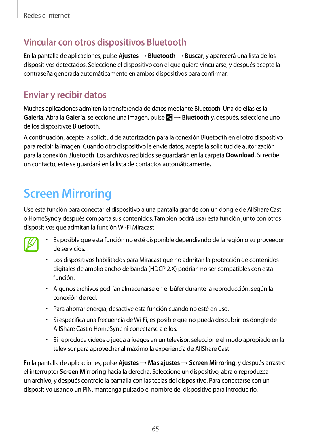 Samsung GT-N8020EAAATL manual Screen Mirroring, Vincular con otros dispositivos Bluetooth, Enviar y recibir datos 