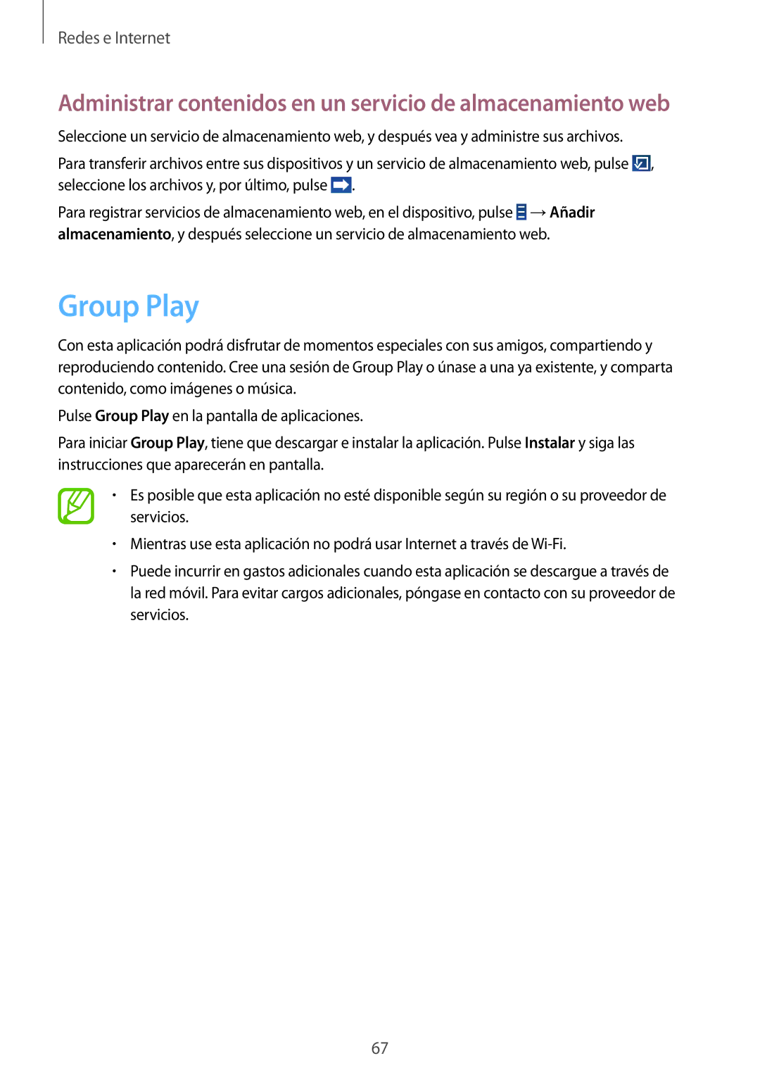 Samsung GT-N8020EAAATL manual Group Play, Administrar contenidos en un servicio de almacenamiento web 