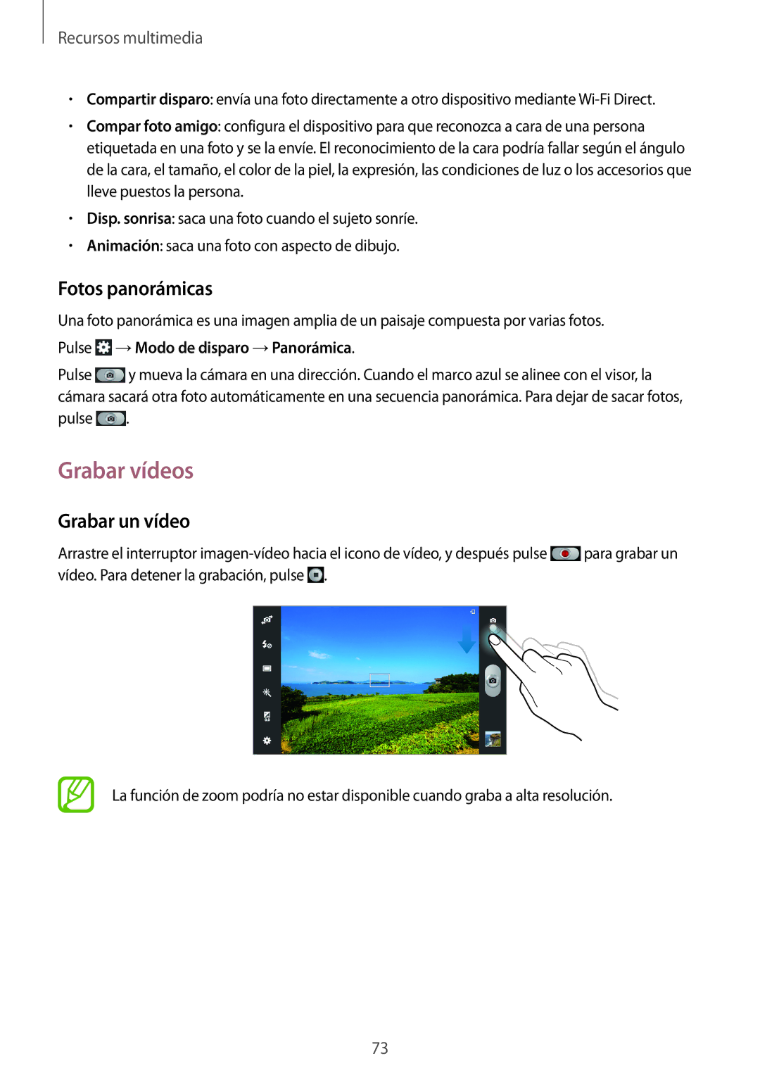 Samsung GT-N8020EAAATL manual Grabar vídeos, Fotos panorámicas, Grabar un vídeo, Pulse →Modo de disparo →Panorámica 