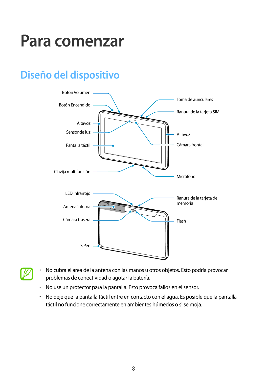 Samsung GT-N8020EAAATL manual Para comenzar, Diseño del dispositivo 