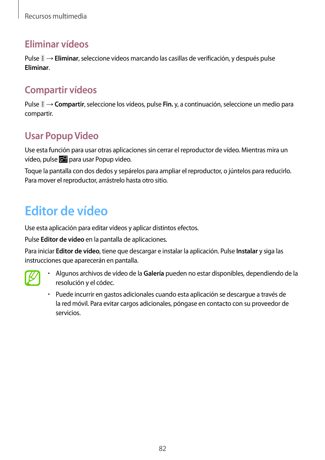 Samsung GT-N8020EAAATL manual Editor de vídeo, Eliminar vídeos, Compartir vídeos, Usar Popup Video 