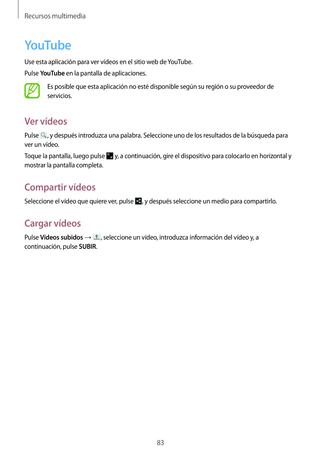 Samsung GT-N8020EAAATL manual YouTube, Ver vídeos, Cargar vídeos 