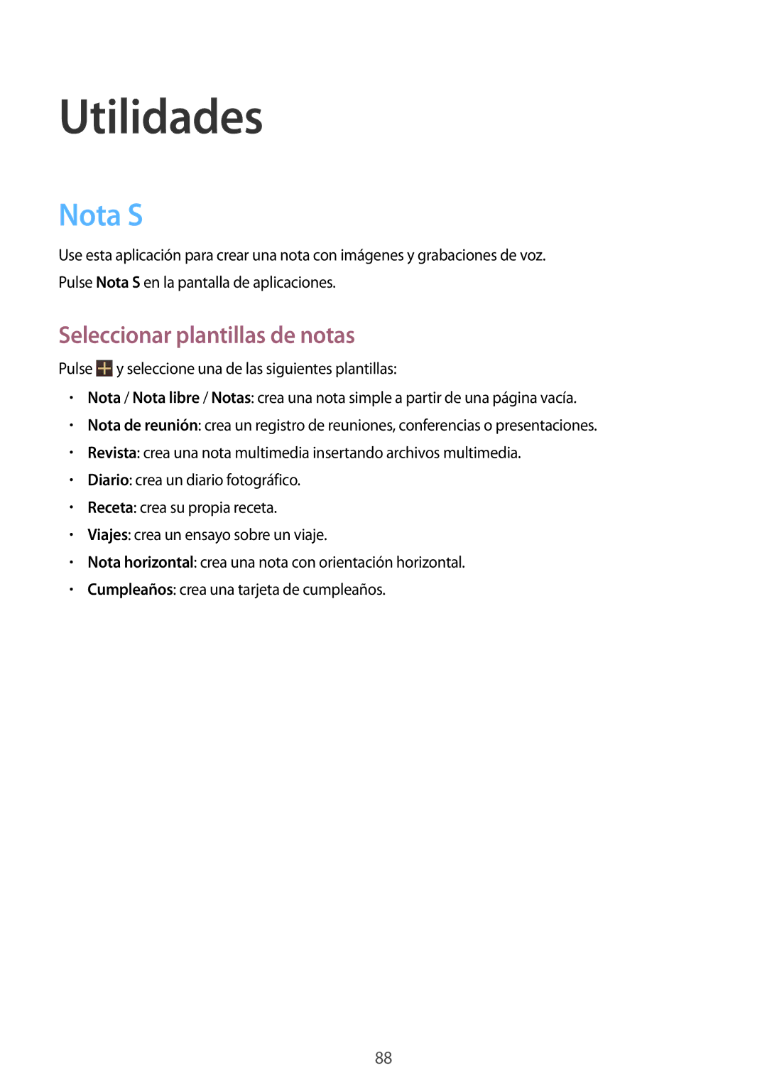 Samsung GT-N8020EAAATL manual Utilidades, Nota S, Seleccionar plantillas de notas 