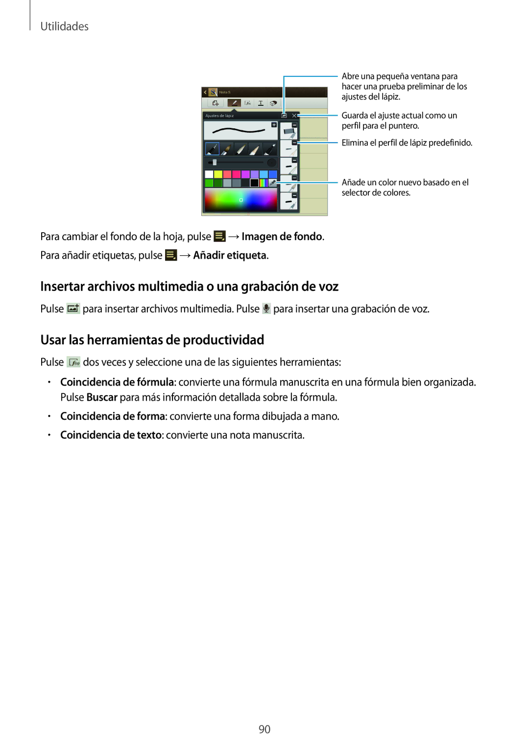 Samsung GT-N8020EAAATL manual Insertar archivos multimedia o una grabación de voz, Usar las herramientas de productividad 